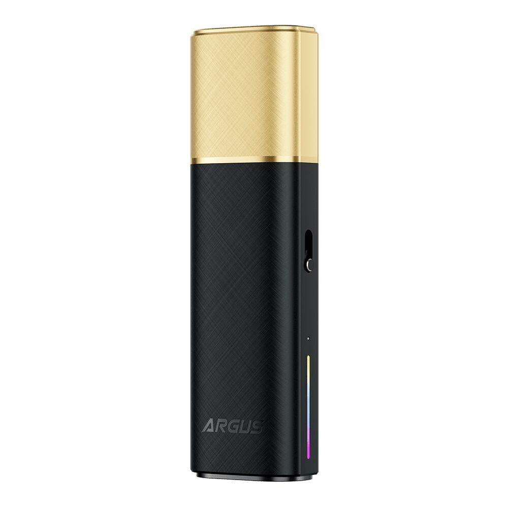 Voopoo Argus Klyc Pod Kit Voopoo Argus Klyc Pod Kit mit goldenem Oberteil und schwarzem Gehäuse, seitliche Kontrolltaste und leuchtendem Akzent an der Unterseite