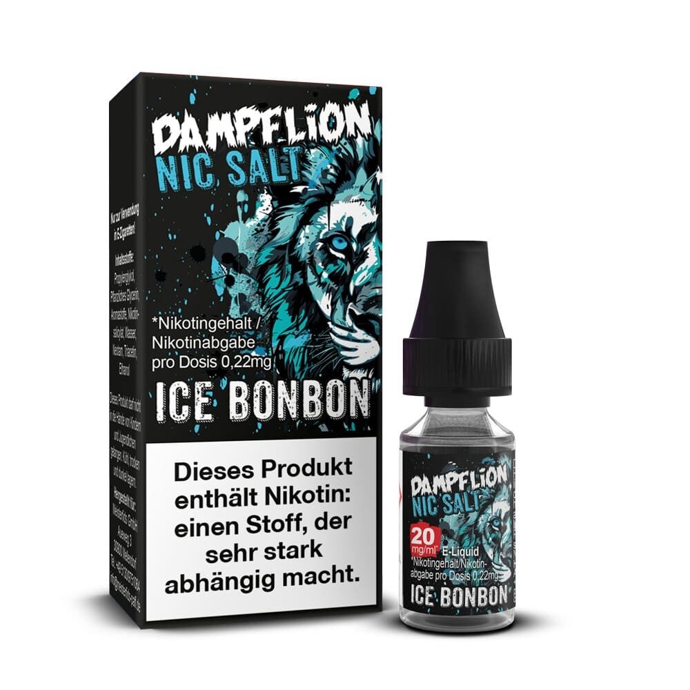 Liquid Ice Bonbon mit 20mg Nikotin von Dampflion Intense Dampflion Intense Nikotinsalz Ice Bonbon 20mg Packung und Flasche, schwarzer Deckel, Grafiken eines blauen Löwen, Warnhinweise sichtbar