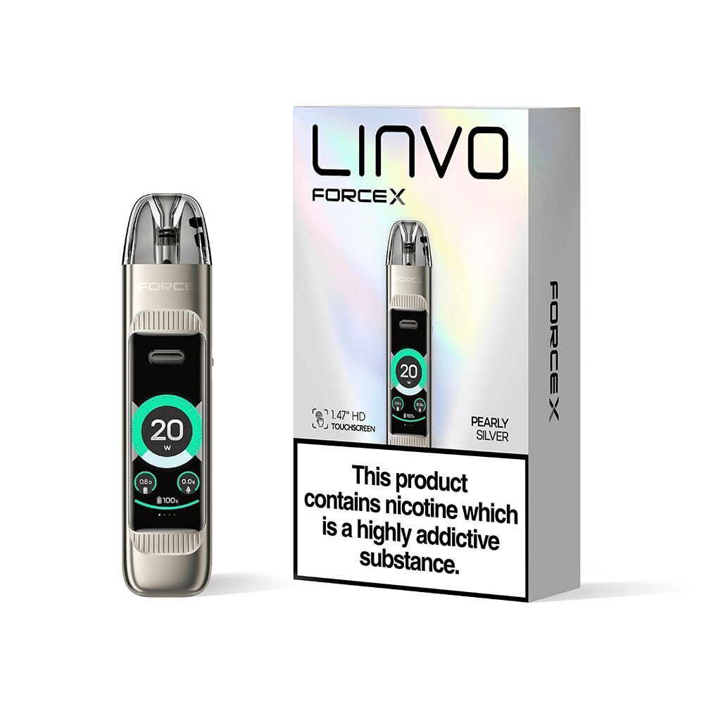 Linvo Force X Pod Kit - Pearly Silver Linvo Force X Pod Kit in Pearly Silver vor Verpackung, 1.47" HD Touchscreen, 20W Anzeige auf Display, Warnhinweis zu Nikotinsucht.