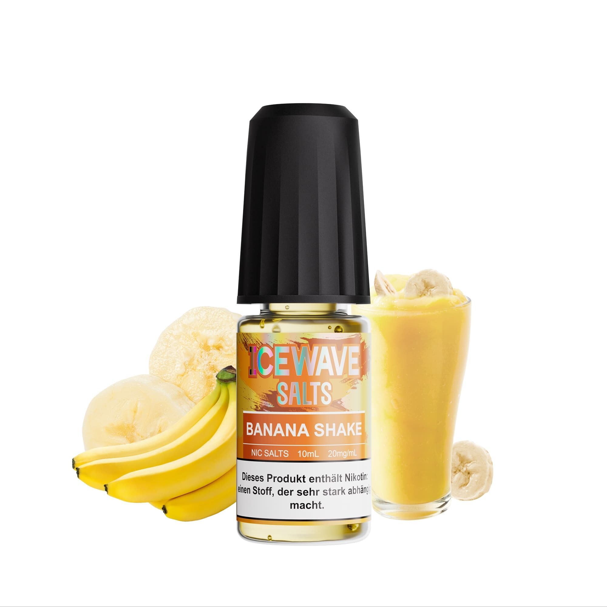 Icewave Nikotinsalz - Banana Shake 20mg Icewave Nikotinsalz Banana Shake 20mg Flasche vor Bananen, Bananenscheiben und einem Glas Banana Shake, enthält Nikotin.