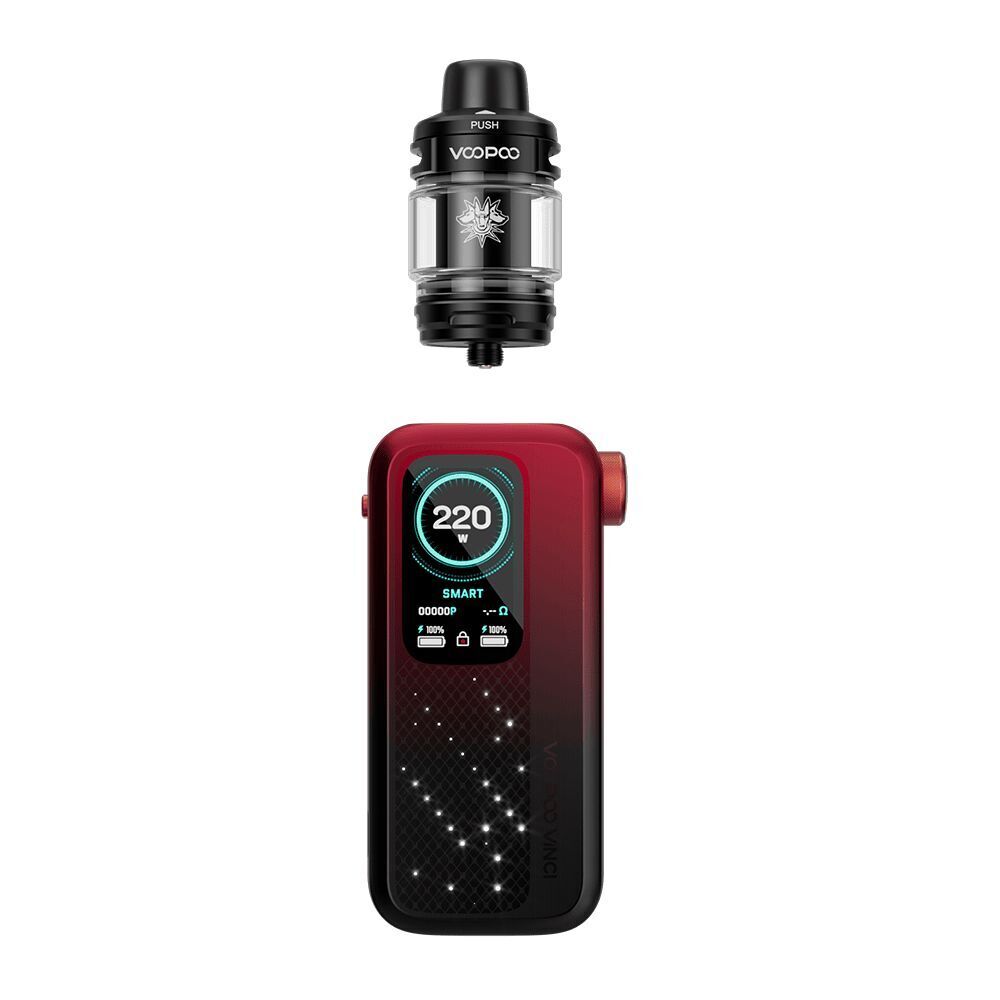 Voopoo Vinci Spark 220 Box Kit in Rot mit 220W-Anzeige und SMART-Text auf dem Display, daneben der passende schwarze Tank.