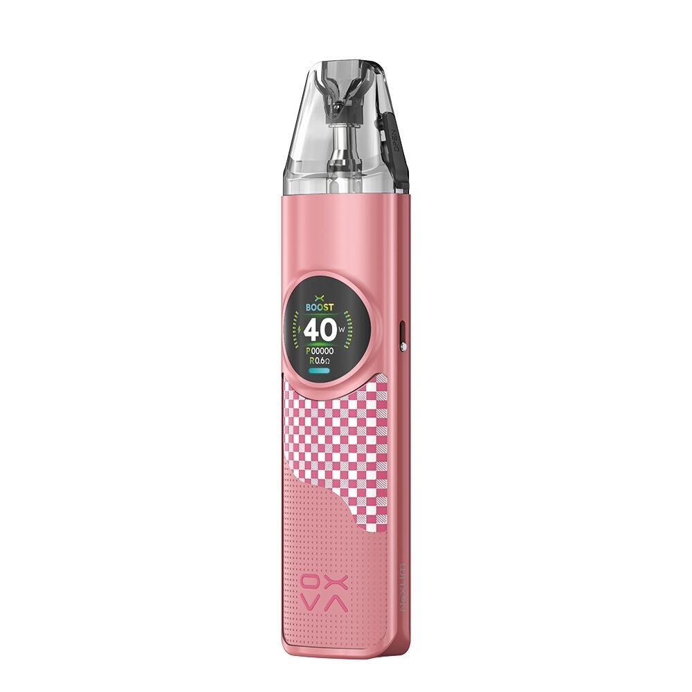 OXVA NeXLIM Pod Kit in Chequered Pink mit Muster, Rundanzeige zeigt "Boost 40", transparenter Pod mit sichtbar internem Bauteil.