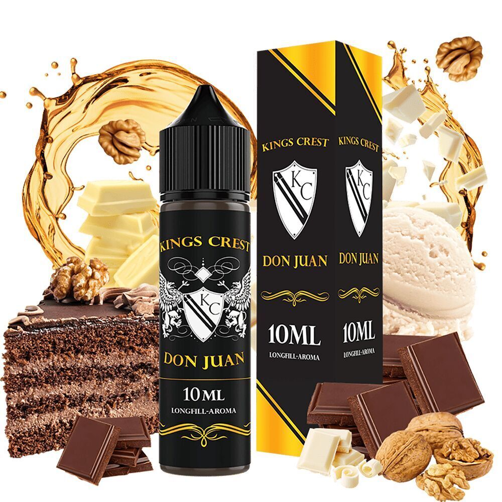 Kings Crest Aroma - Don Juan Kings Crest Aroma Don Juan Flasche mit Schokoladen- und Nussstücken, Sahnekugel, Walnüssen und Schokoladenkuchen dekoriert.