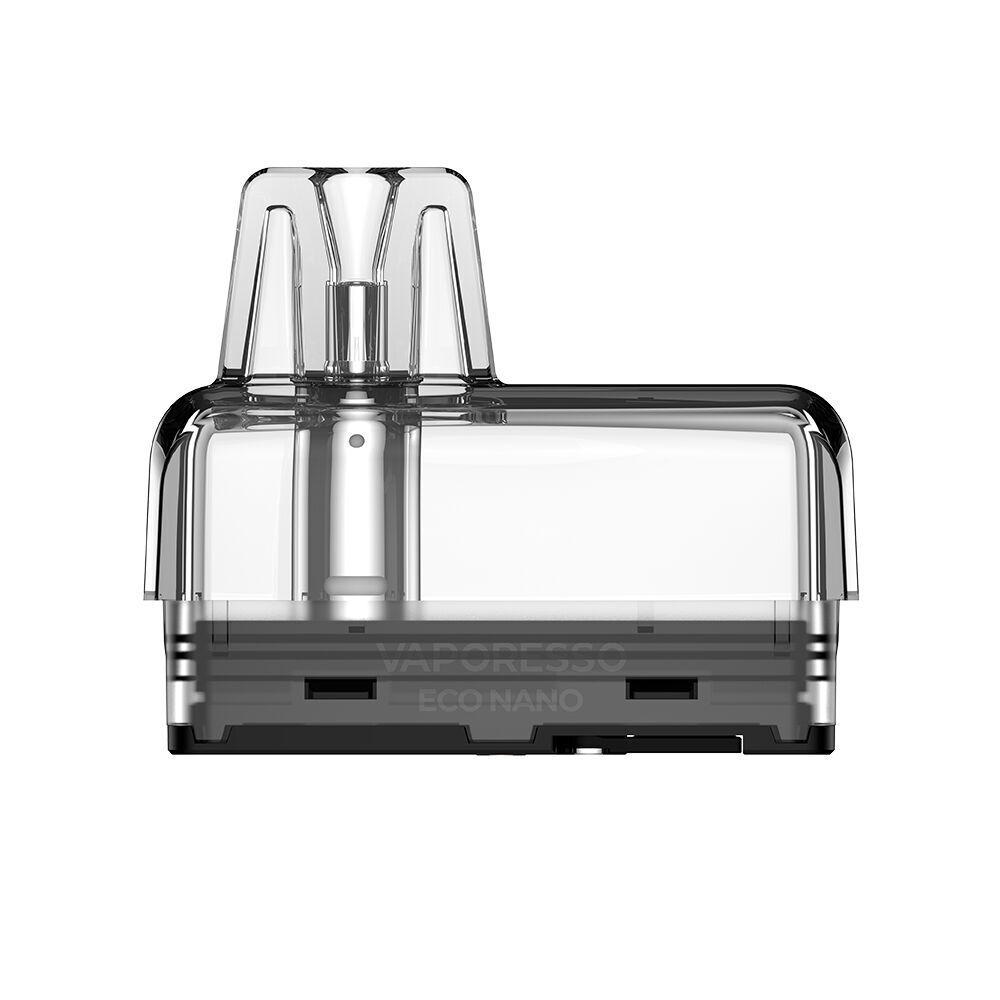 Vaporesso Eco Nano Pods mit Coil Vaporesso Eco Nano Pod, transparent, mit klarer Oberfläche und sichtbarer Beschriftung, gezeigt von der Seite