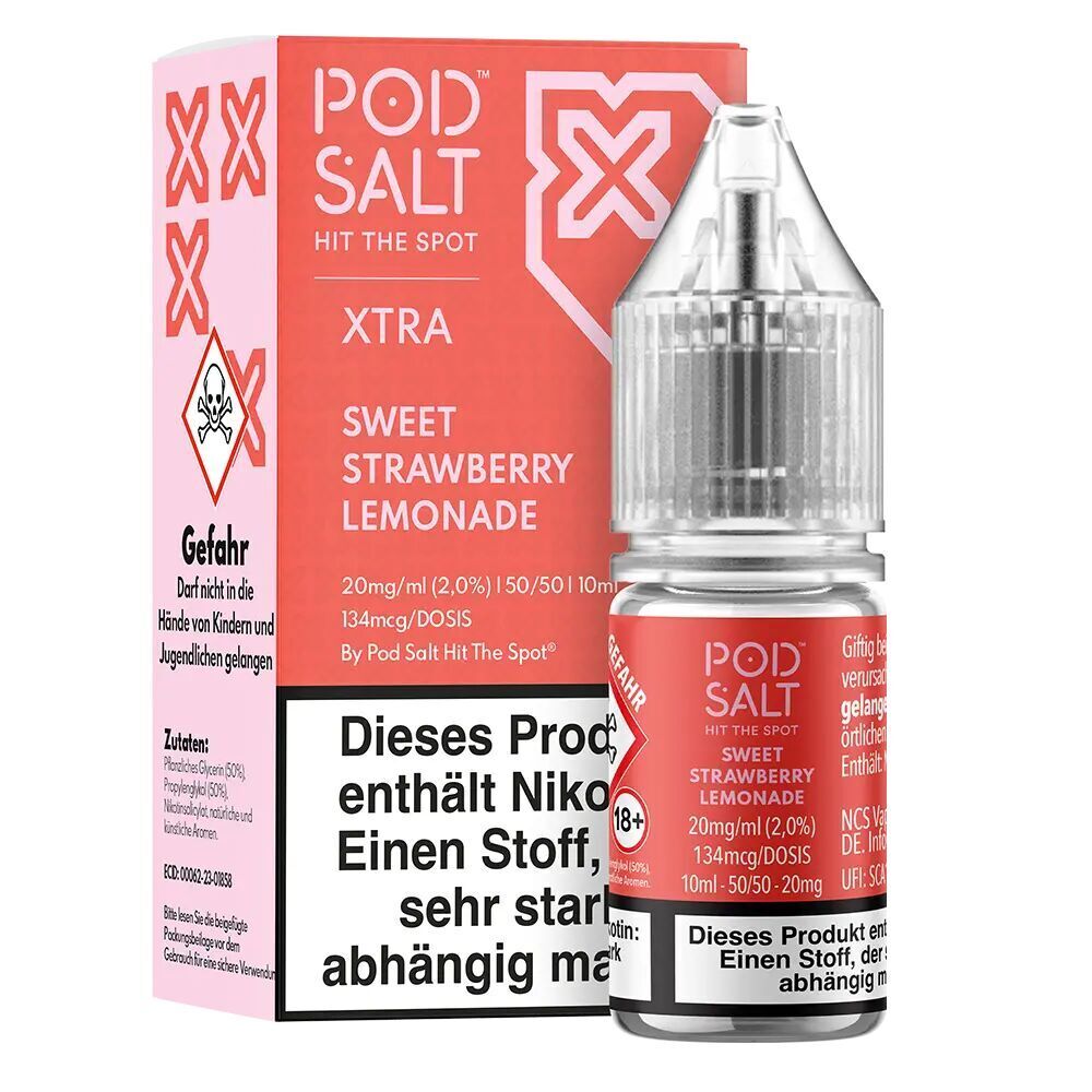 Liquid Sweet Strawberry Lemonade mit 20mg Nikotin von Pod Salt Xtra Pod Salt Xtra Nikotinsalz Sweet Strawberry Lemonade 20mg Flasche und Verpackung mit Warnhinweisen und roten Akzenten