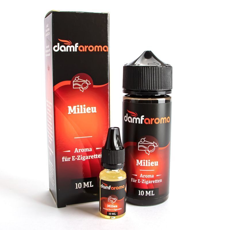 Aroma Milieu von damfaroma Zwei Damfaroma Milieu Aromaflaschen und Verpackung, alle rot-schwarz, mit Text "Aroma für E-Zigaretten" und Volumenangabe "10 ML"