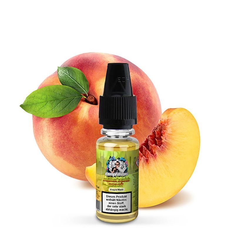 Liquid Monstaahh Peach mit 20mg Nikotin von Dampfdidas Flasche Dampfdidas Nikotinsalz Monstaahh Peach 20mg vor einer halben und einer ganzen Pfirsichfrucht mit grünem Blatt.