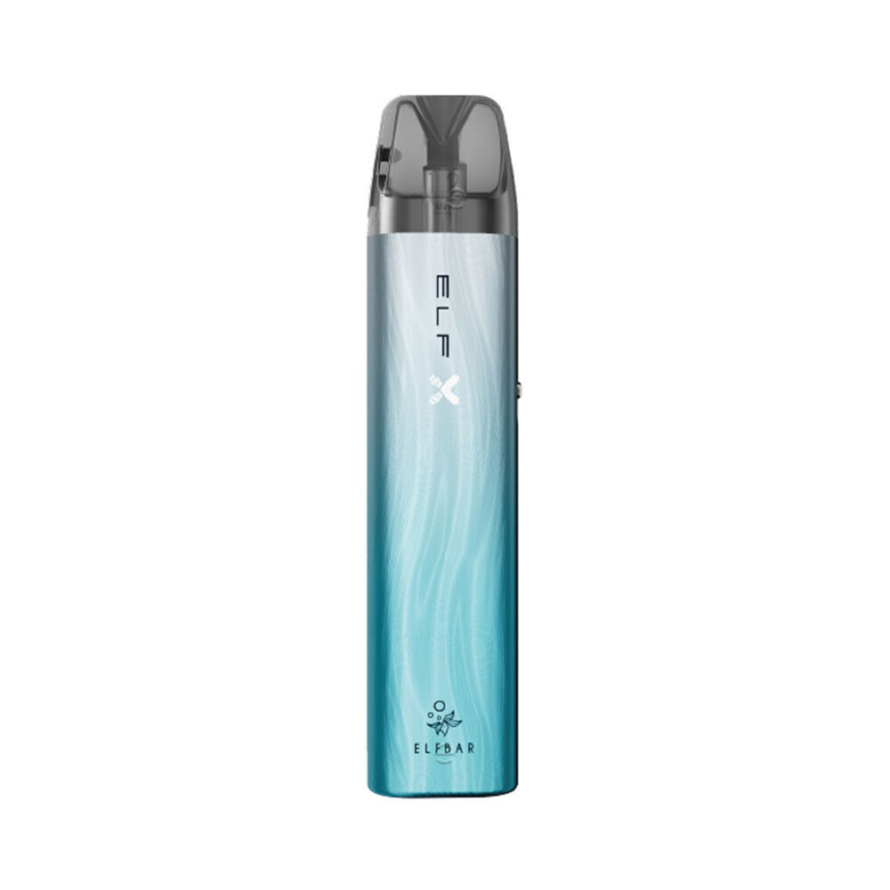 Elfbar Elfx Pod Kit Silver Blue von Elf Bar Elfbar Elfx Pod Kit in Silver Blue mit geschwungener Farbverlaufoptik, transparentem Mundstück und sichtbarem Logo auf der Vorderseite