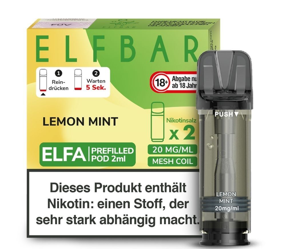 Lemon Mint Elfa Pods von Elfbar 20mg Elfbar ELFA Pods Lemon Mint 20mg Packung mit zwei Pods, Nikotinsalz, Mesh Coil, Warnhinweis zu Nikotinabhängigkeit auf der Vorderseite.