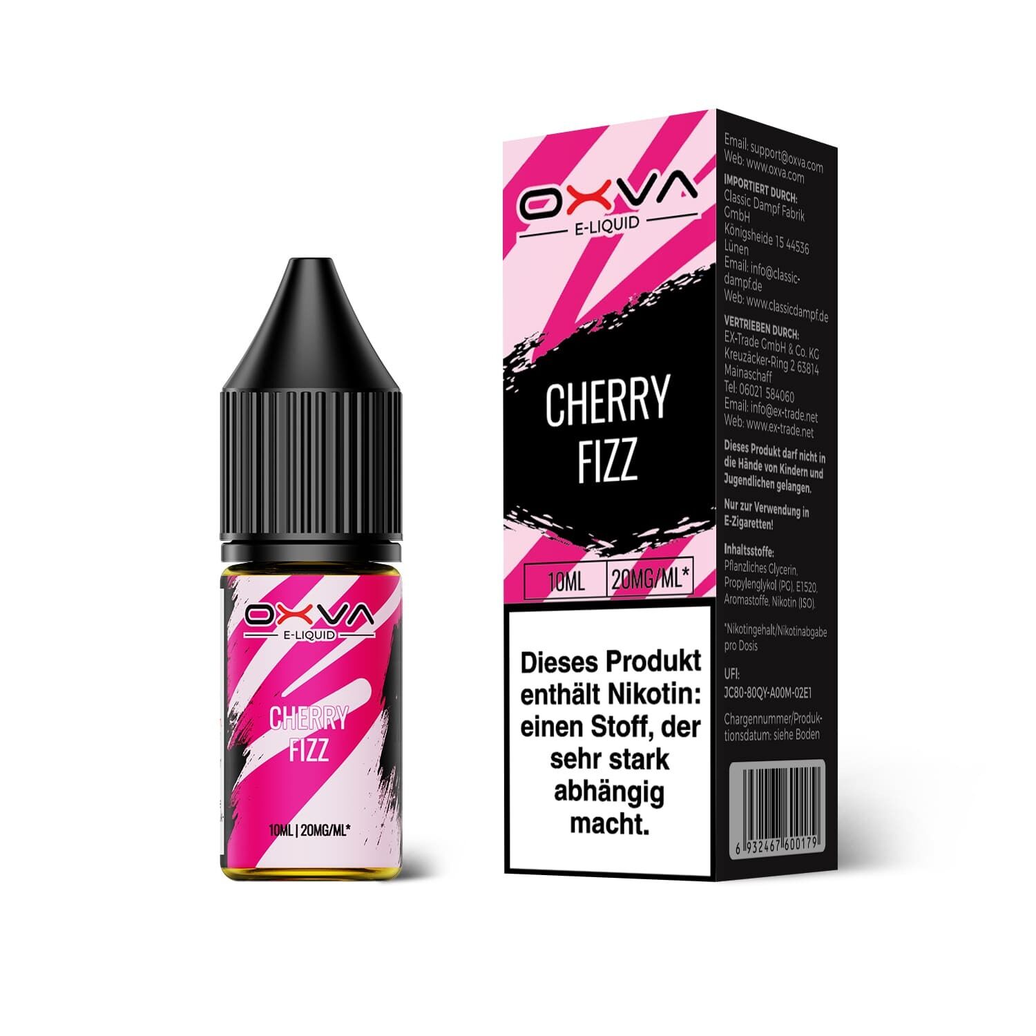 Liquid Cherry Fizz mit 20mg Nikotin von Oxva Flasche und Verpackung von Oxva Nikotinsalz Cherry Fizz, 10ml, 20mg/ml, mit pink-schwarzem Design und Hinweis auf Nikotinhaltigkeit.