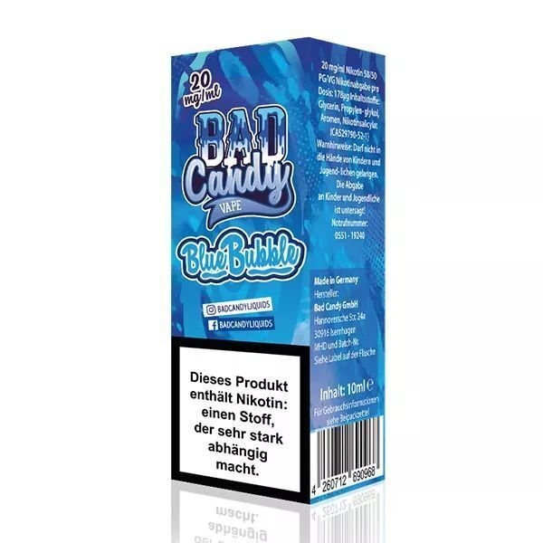 Liquid Blue Bubble mit 10mg Nikotin von Bad Candy Blaue Verpackung des Bad Candy Nikotinsalz Blue Bubble 10mg mit Warnhinweis, Herstellerinformationen und Barcode.