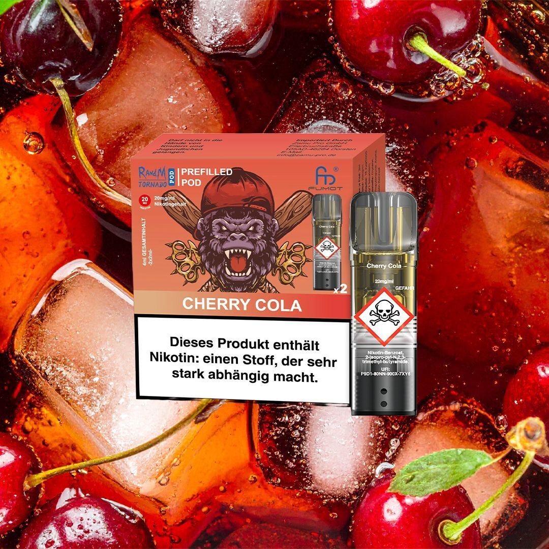 RandM Tornado Pods - Cherry Cola RandM Tornado Pods Cherry Cola Verpackung und Pod, umgeben von Kirschen und Eiswürfeln, mit Nikotin-Warnung.