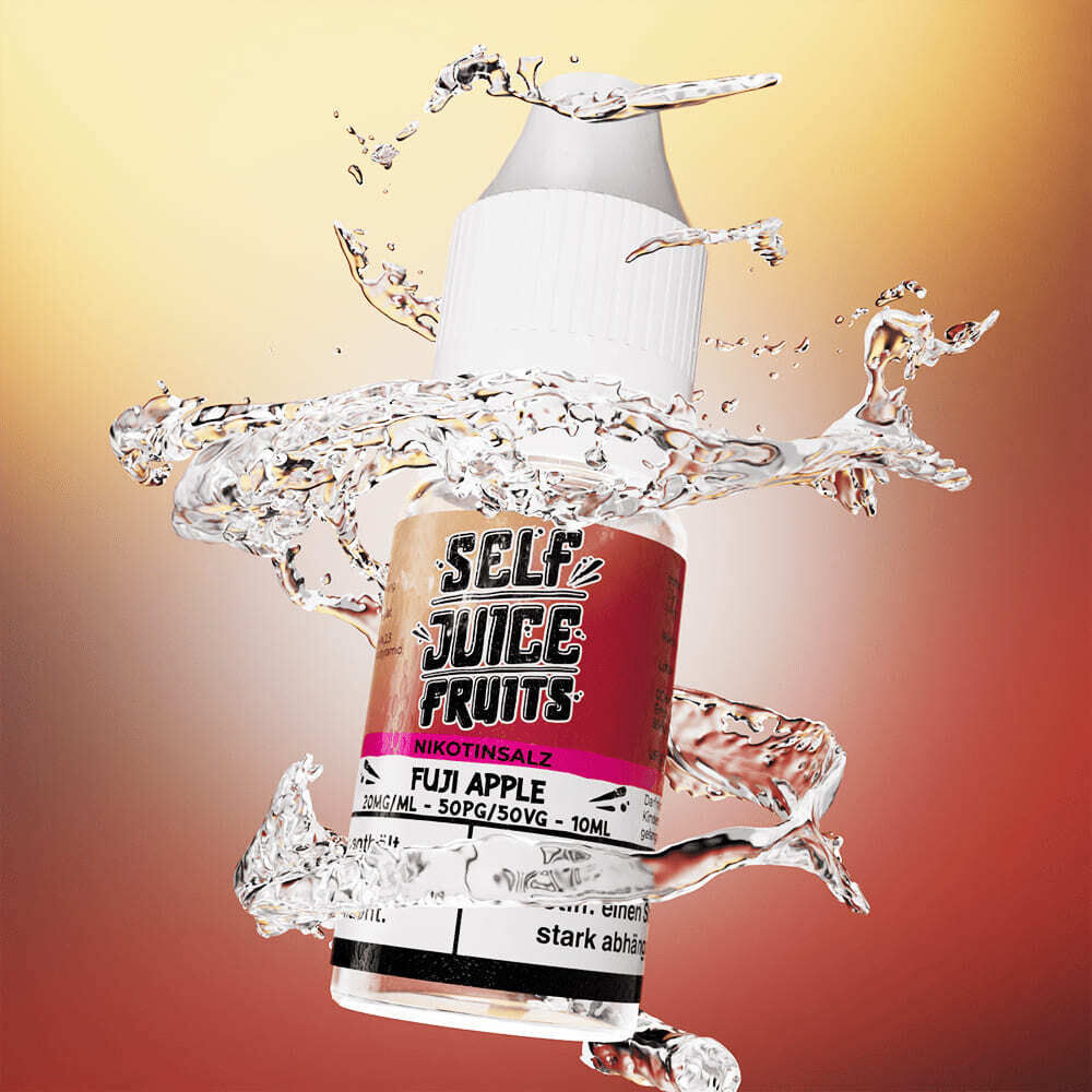 Liquid Fuji Apple von Self Juice Selbst Juice Fruits Nikotinsalz-Flasche mit Fuji Apple-Geschmack umgeben von spritzendem Wasser auf einem Farbverlaufshintergrund.