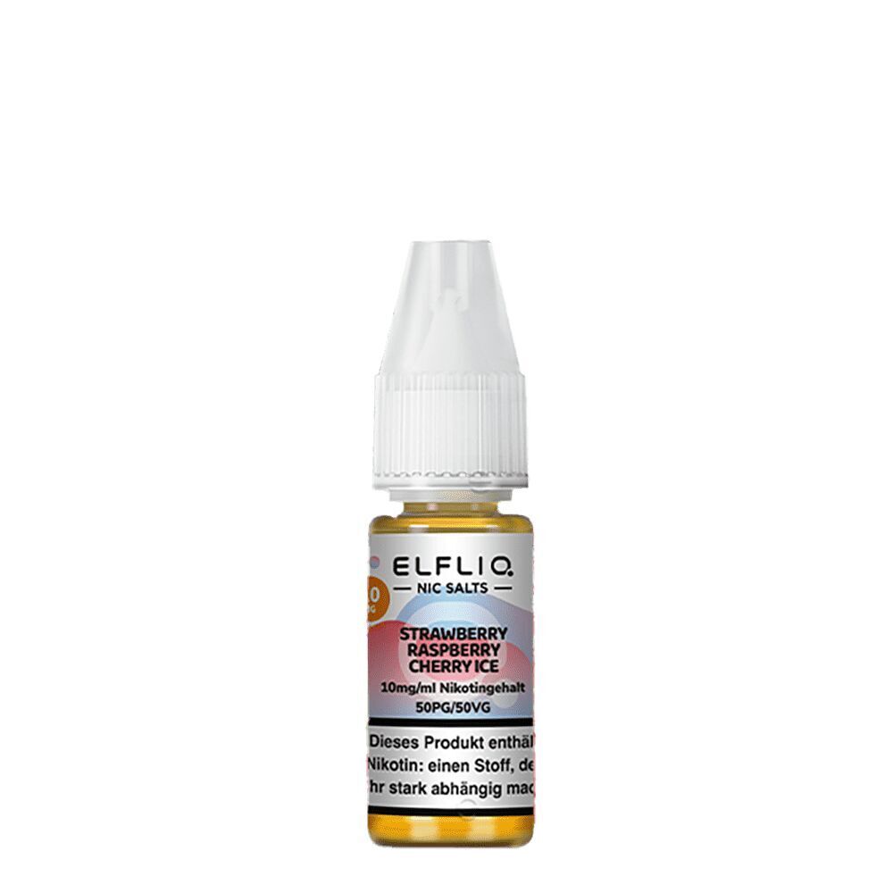 Elfliq Nikotinsalz - Strawberry Raspberry Cherry Ice 10mg Elfliq Nikotinsalz-Flasche mit 10 mg/ml Strawberry Raspberry Cherry Ice Aroma und einem 50PG/50VG Mischungsverhältnis, weiße Verschlusskappe.