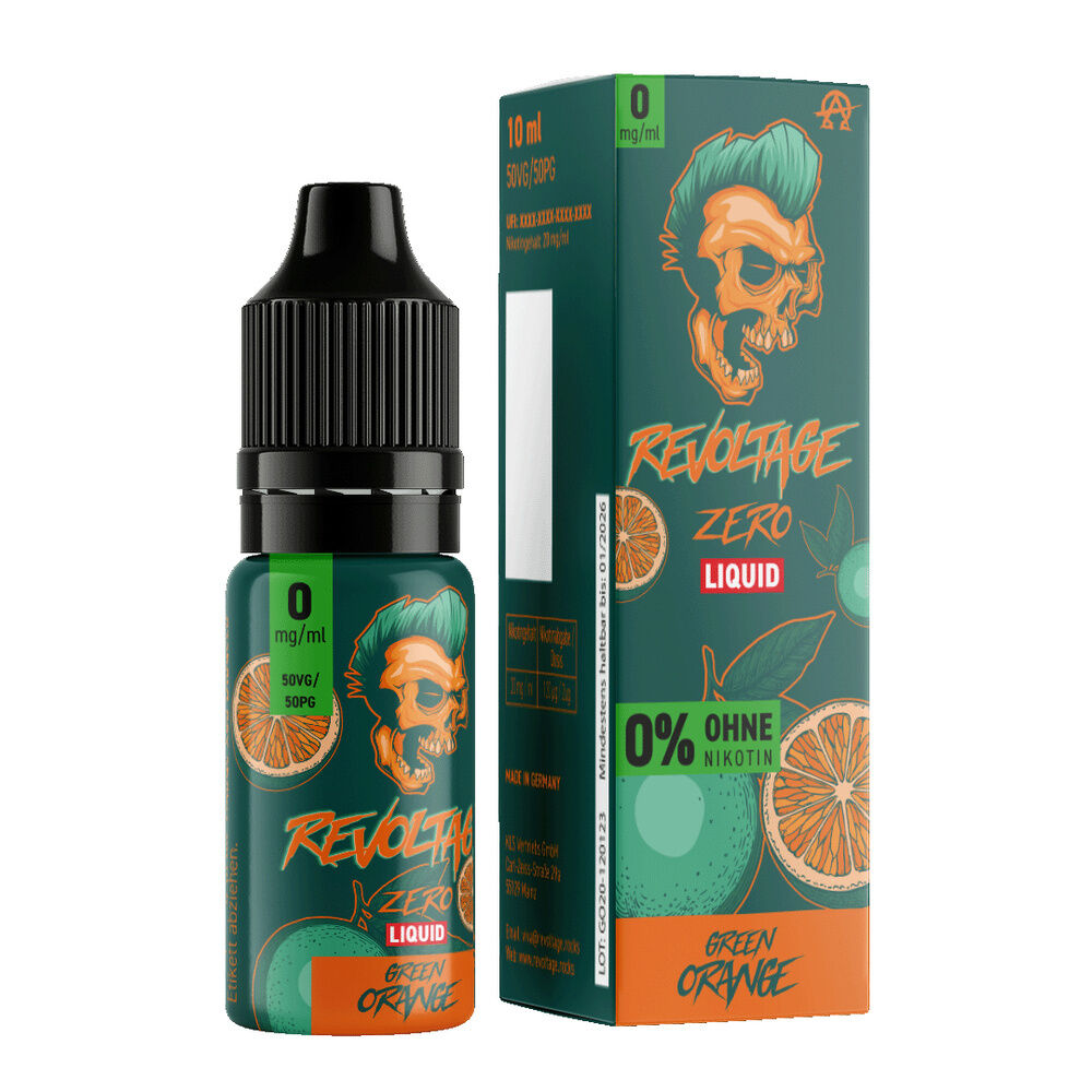 Revoltage Hybrid Liquid - Green Orange Revoltage Liquid Green Orange 0mg Flasche neben Verpackung, Totenkopf und Orange auf grünem Hintergrund sichtbar, 0% Nikotin hervorgehoben
