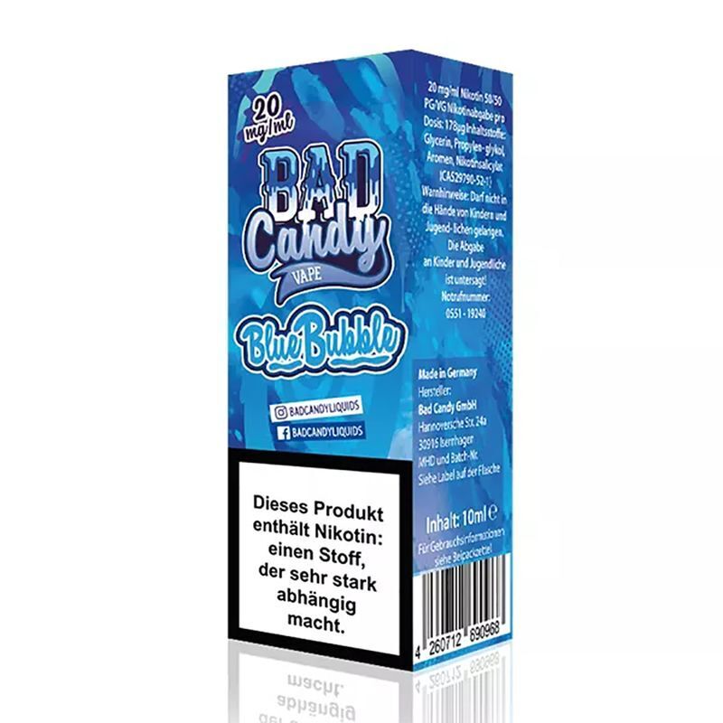 Liquid Blue Bubble mit 20mg Nikotin von Bad Candy Verpackung von Bad Candy Nikotinsalz Blue Bubble 20mg mit Warnhinweis über Nikotinabhängigkeit und Herstellerinformationen, 10ml Inhalt.