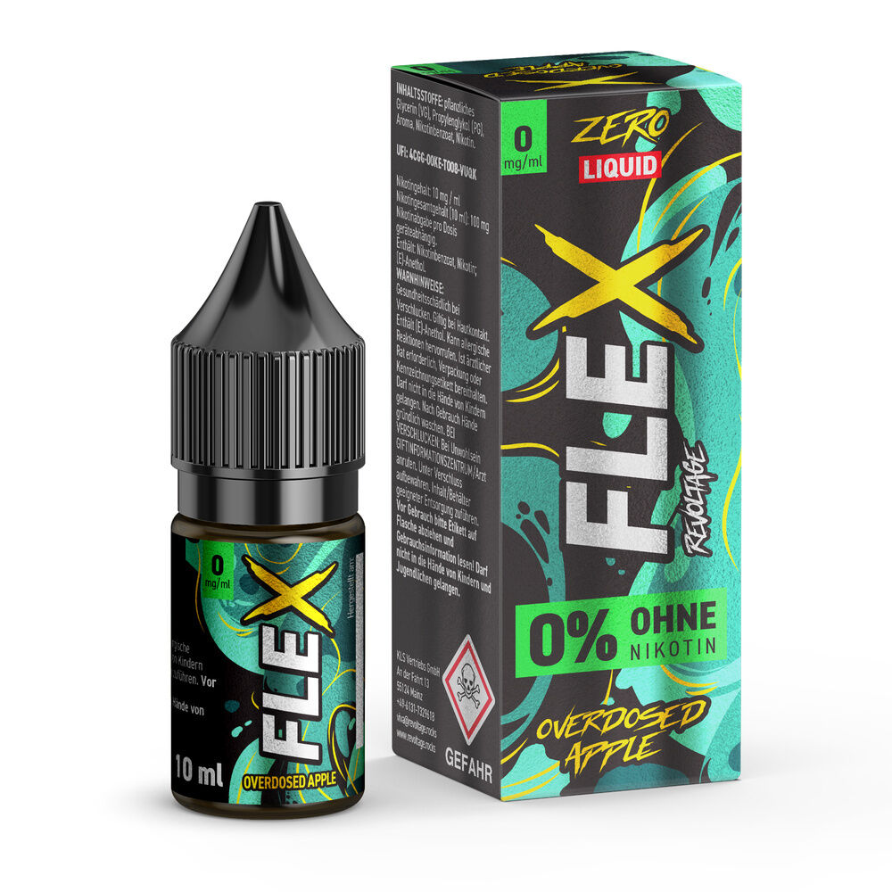 Revoltage Flex Nikotinsalz - Apple Revoltage Flex Liquid Apple 0mg mit schwarzer Tropfflasche und bunter Box, Aufschrift 0% ohne Nikotin, Overdosed Apple.