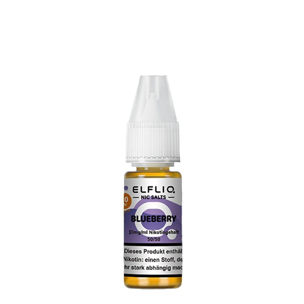 Elfliq Nikotinsalz - Blueberry 10mg Elfliq Nikotinsalz Blueberry Flasche mit weißem Deckel, lila Etikett, 20 mg/ml Nikotingehalt, Warnhinweis auf Suchtgefahr.