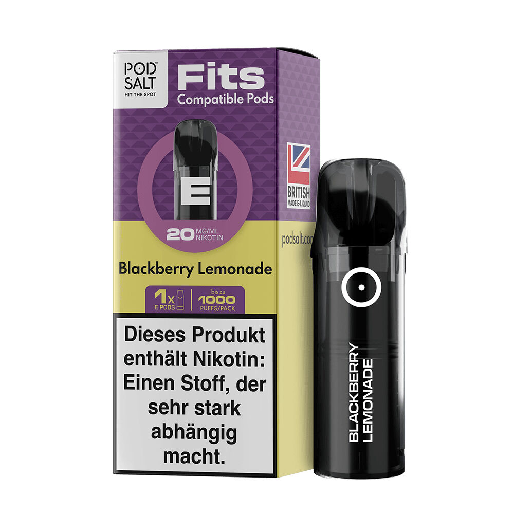 Pod Salt Fits Pods - Blackberry Lemonade 20mg Pod Salt Fits Pods Blackberry Lemonade 20mg mit schwarzer Kapsel und Verpackung, Warnhinweis für Nikotin auf der Vorderseite