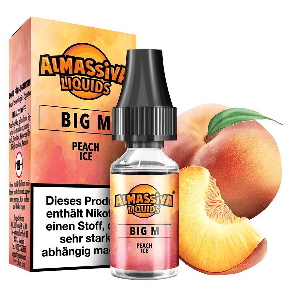 Liquid Big M von Al Massiva Al Massiva Liquids Big M Peach Ice Flasche vor Verpackung und Pfirsichabbildung, enthält Nikotin, Warnhinweis sichtbar