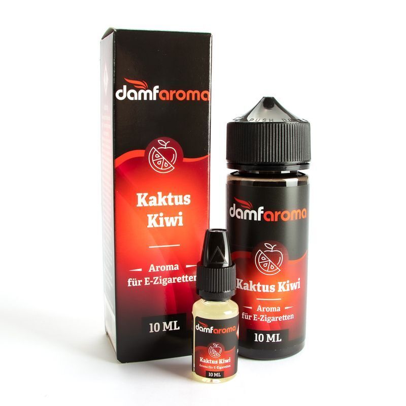 Aroma Kaktus Kiwi von damfaroma Damfaroma Aroma Kaktus Kiwi für E-Zigaretten, 10 ml Flasche und Verpackung mit rotem Design und Logo sichtbar.