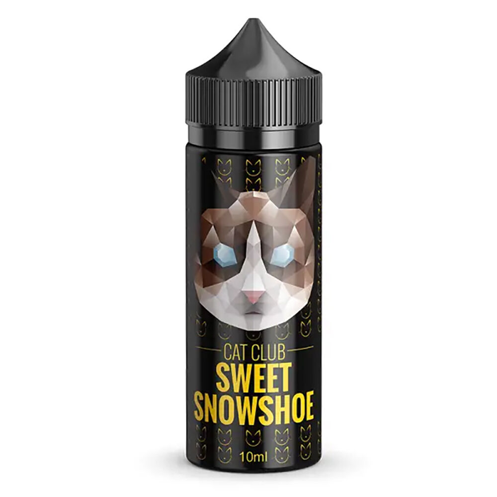 Aroma Sweet Snowshoe von Copy Cat Cat Club Flasche des Copy Cat Aroma Sweet Snowshoe mit geometrischem Katzenkopf-Design auf schwarzem Hintergrund und gelbem Schriftzug 10ml.