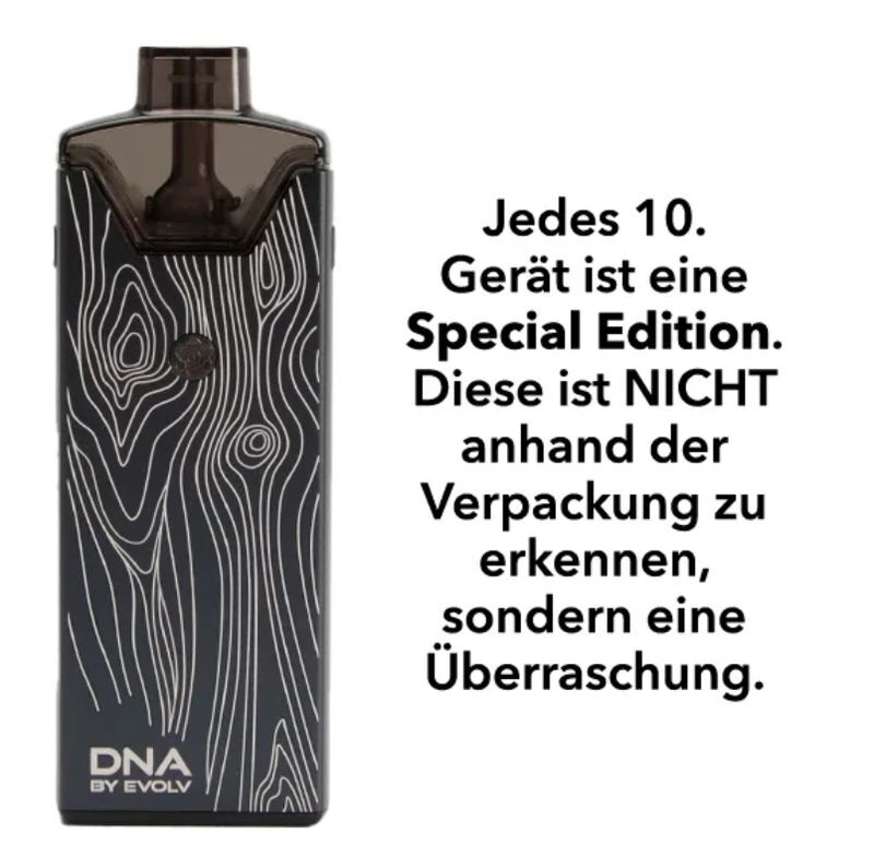 Evolv Reflex Pod Kit mit Holzmaserungsmuster, daneben Text über Special Edition mit Überraschung, nicht durch Verpackung erkennbar