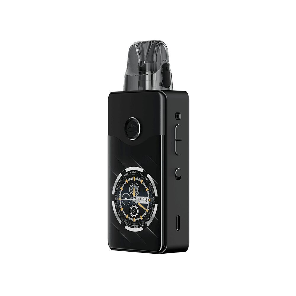 Voopoo Vinci E120 Pod Kit - Spray Black Voopoo Vinci E120 Pod Kit in Schwarz mit silbernen Akzenten, zeigt ein kreisförmiges Motiv mit Zifferblatt und transparentem Mundstück.