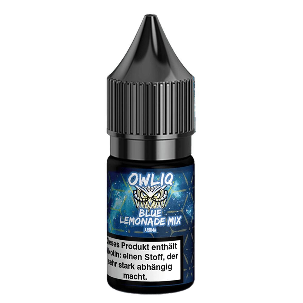 Owliq Nikotinsalz - Blue Lemonade Mix 10mg Eiweißfläschchen mit schwarzem Deckel, Etikett zeigt Owliq Blue Lemonade Mix, enthält Nikotin-Warnung.