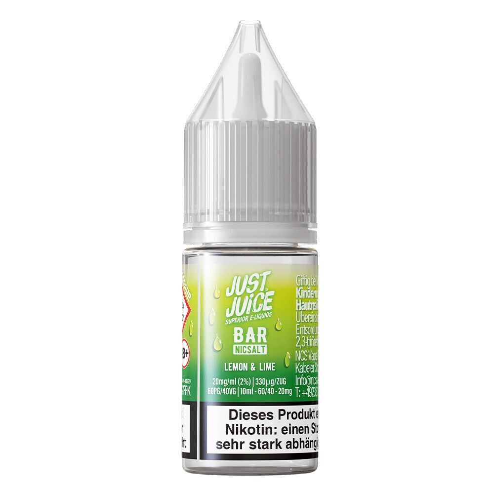 Liquid Lemon & Lime 20mg - Just Juice Flasche Just Juice Nikotinsalz Lemon & Lime 20mg mit grüner Verpackung und Warnhinweise, transparentem Tropfer und Schutzkappe.