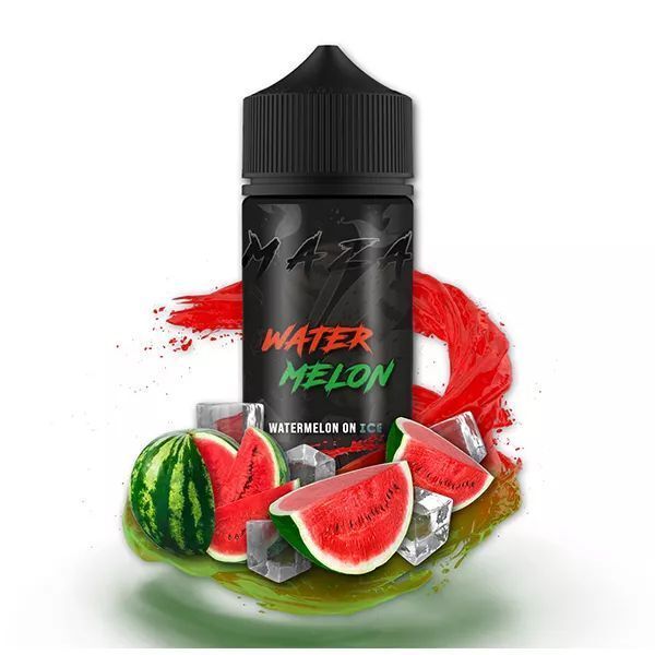 Aroma Watermelon Ice von MaZa MaZa Aroma Flasche Watermelon Ice, umgeben von halbierten Wassermelonen und Eiswürfeln, auf weißem Hintergrund mit rotem und grünem Farbverlauf