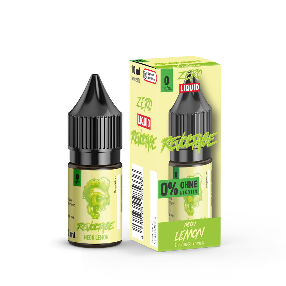 E-Liquid-Flasche und Box mit Revoltage-Logo, „Neon Lemon“-Geschmack, 0mg Nikotin, grünes Design mit Zitronenabbildung