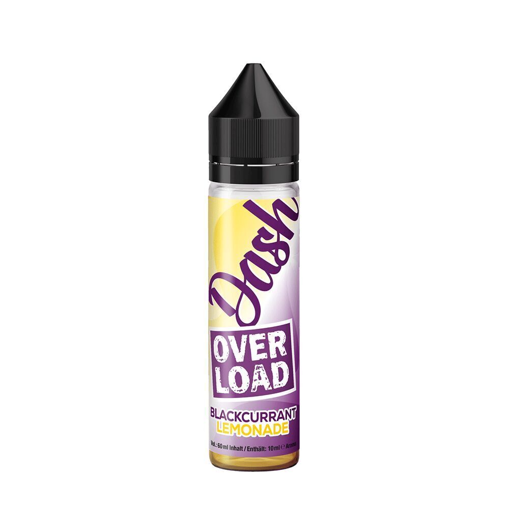 Aroma Blackcurrant Lemonade von Dash Overload Dash Aroma-Flasche mit schwarzem Verschluss, etikettiert mit „Dash Overload“, „Blackcurrant Lemonade“ in Lila und Gelb, 60ml Inhalt