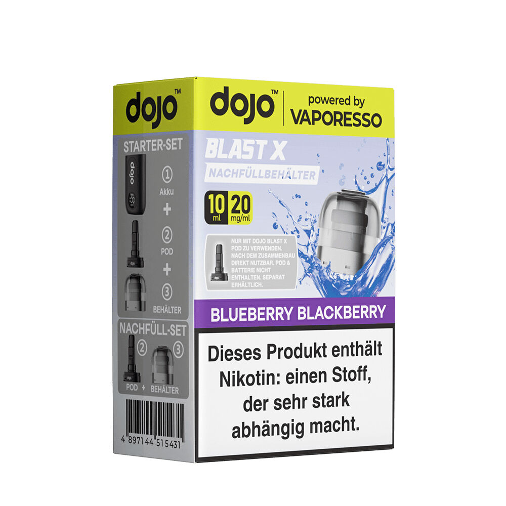 Vaporesso Dojo Blast X Pods - 20mg Nikotinsalz Verpackung der Vaporesso Dojo Blast X Pods in Blueberry Blackberry, zeigt Nachfüllbehälter, Nikotinhinweis und 20 mg/ml Angabe.