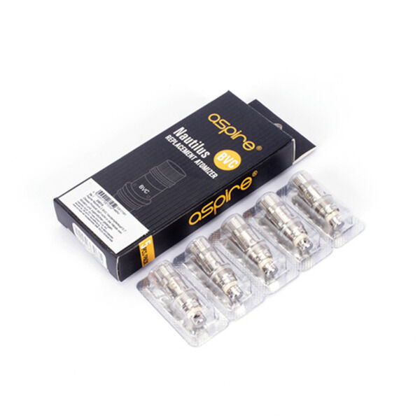 Fünf Aspire BVC Coils - 0,7 Ohm in Blisterverpackungen neben einer Produktverpackung mit Branding "Aspire Nautilus BVC".