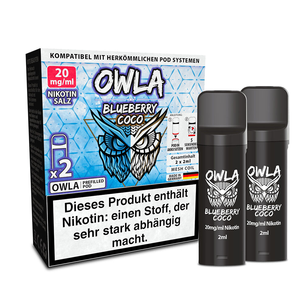 Owla Pods - Blueberry Coco 20mg Owla Pods Blueberry Coco 20mg Verpackung mit zwei schwarzen Pods; enthält Nikotinwarnung und 2 ml pro Pod, im Hintergrund Markenlogo mit Eule.