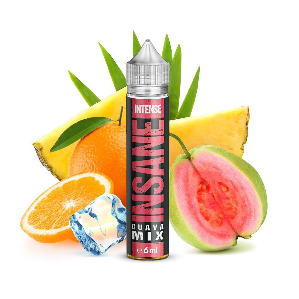 Aroma Guava Mix - Insane E-Liquid-Flasche "Insane Aroma Guava Mix" mit geschnittenen Früchten wie Guave, Ananas, Orange und einem Eiswürfel im Hintergrund