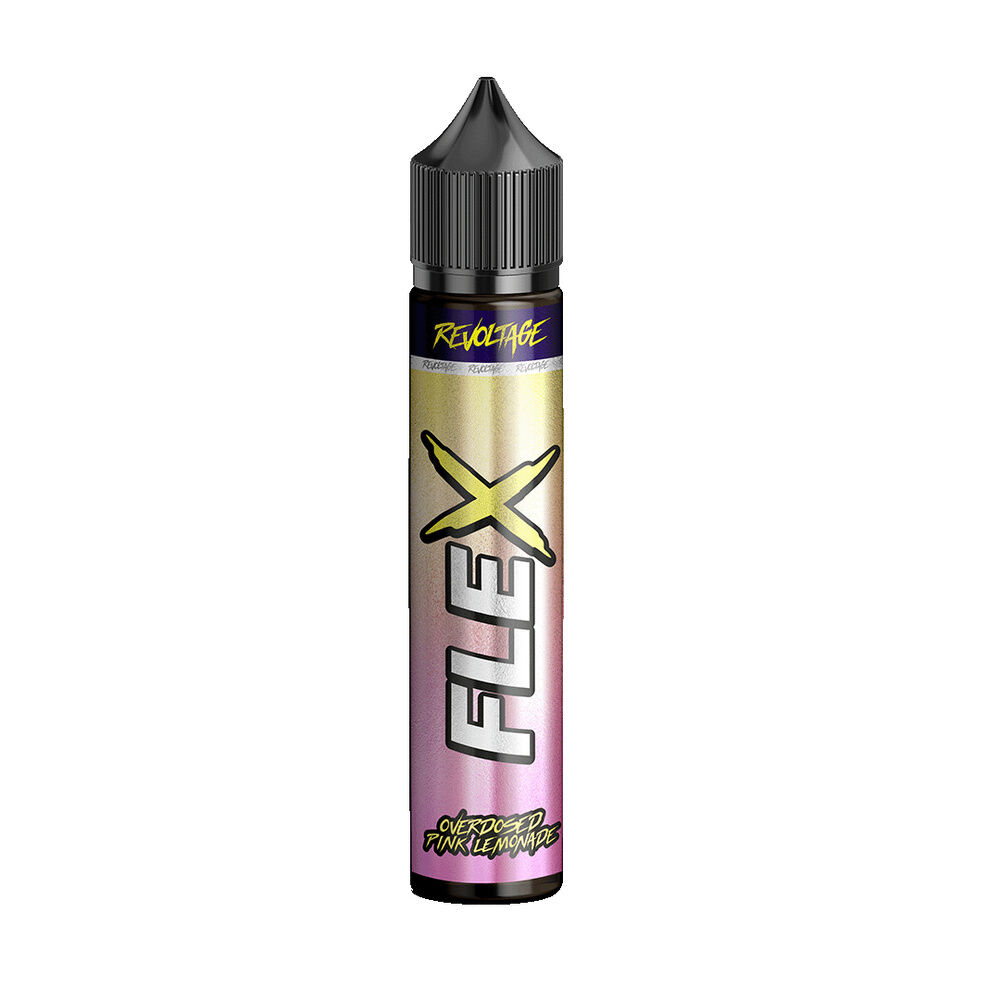 revoltage-flex-longfill-aroma-pink-lemonade-7ml Revoltage Flex Longfill Aroma mit Pink Lemonade-Geschmack, schwarze Kappe, goldene und rosa Farbverlauf-Verpackung, texturiertes Logo "FLEX"