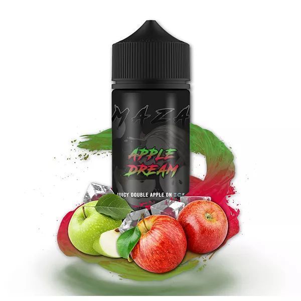 Aroma Apple Dream von MaZa Flasche MaZa Aroma Apple Dream umgeben von roten und grünen Äpfeln, Eiswürfeln und Farbspritzern in Rot und Grün
