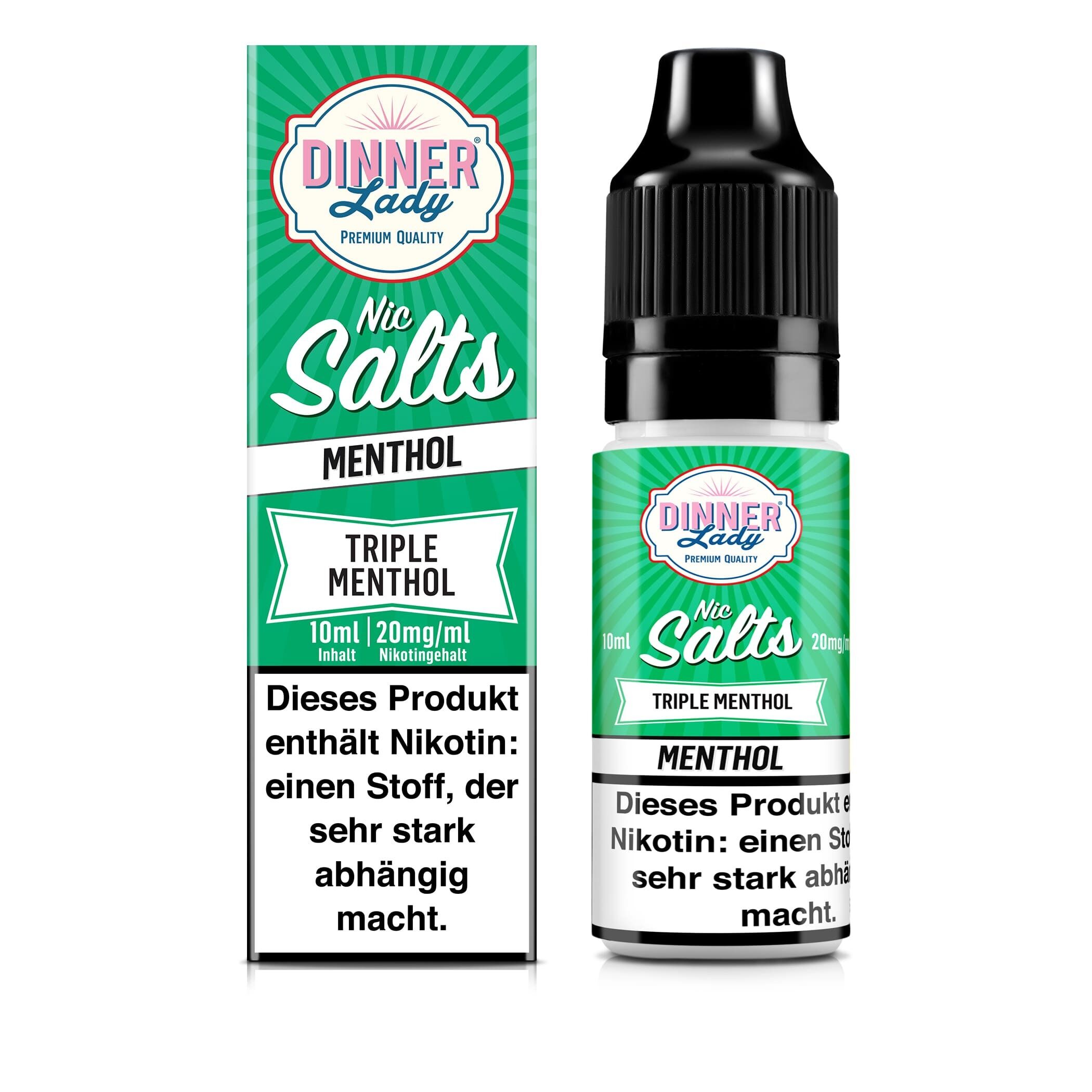 Liquid Triple Menthol von Dinner Lady Dinner Lady Nikotinsalz Triple Menthol, eine grüne Verpackung und Flasche mit dem Hinweis, dass Nikotin stark abhängig macht.