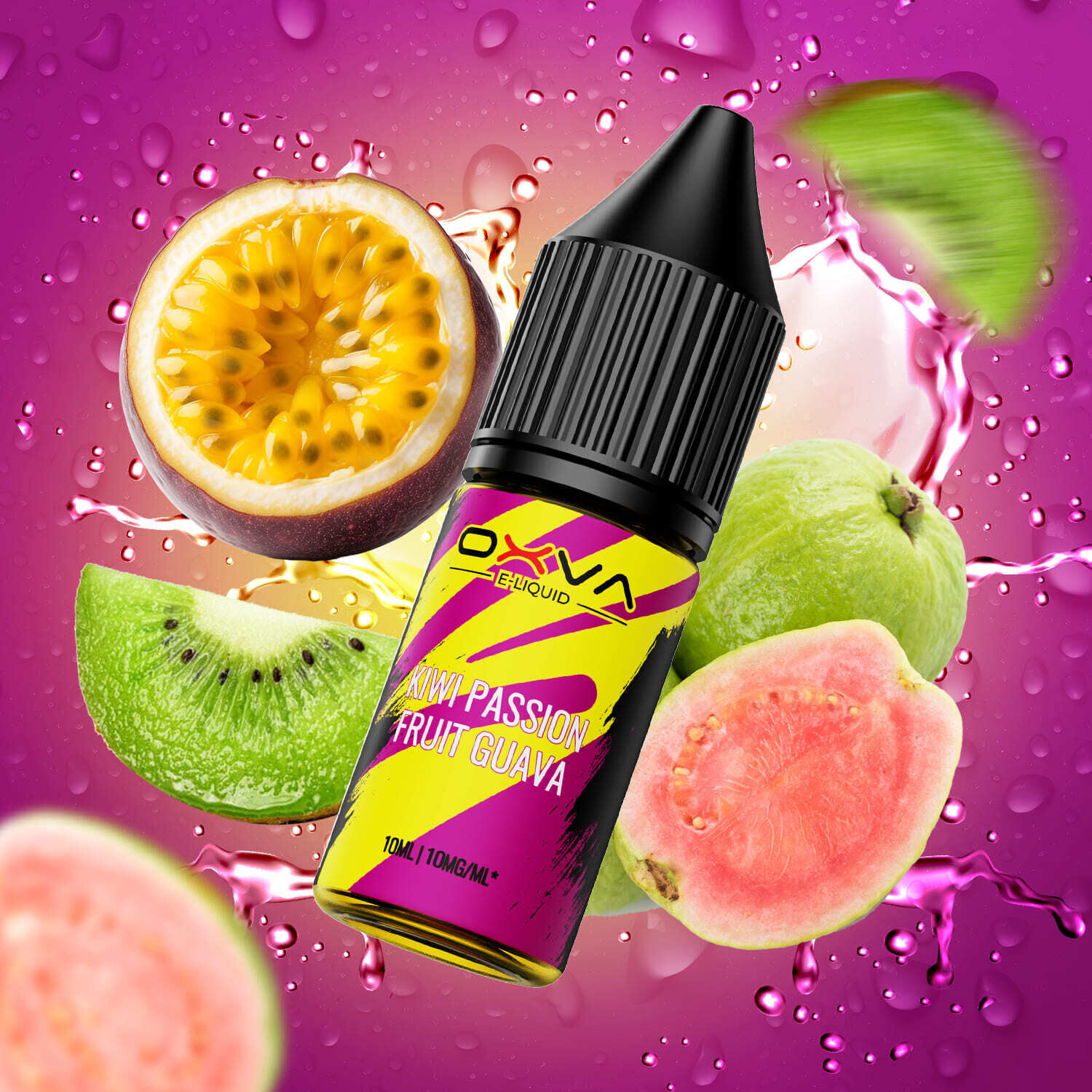 Liquidflasche Oxva Kiwi Passion Fruit Guava vor saftigen Früchten mit Spritzwasser auf violettem Hintergrund
