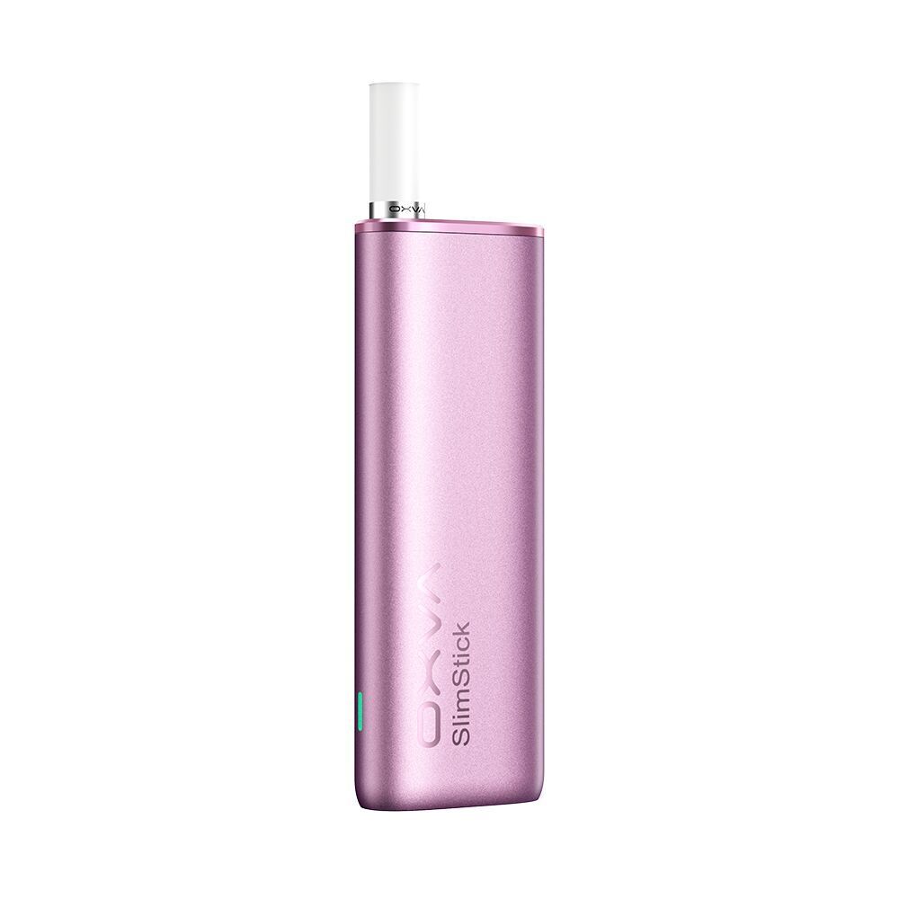 Oxva Slimstick Akku in Pink mit glänzendem Finish, grünem Indikator und sichtbarem Logo auf der Vorderseite