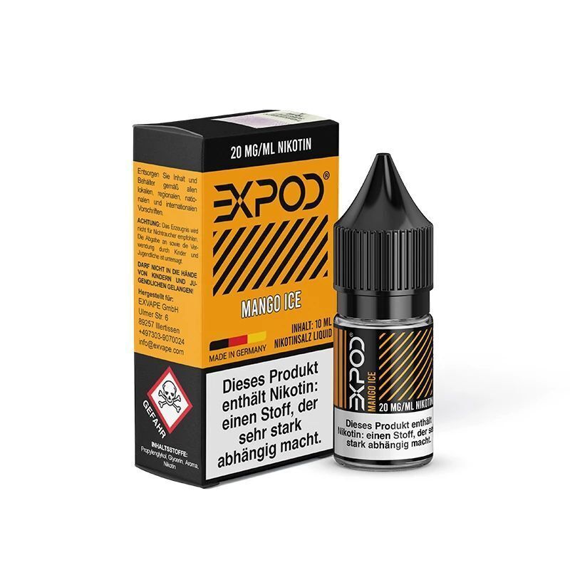 Liquid Mango Ice von Expod Expod Nikotinsalz Mango Ice 20mg, schwarze Flasche mit gelbem Etikett und orangefarbener Umverpackung, Warnhinweis sichtbar.