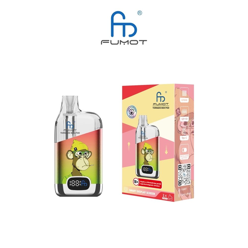 Fumot Tornado Box Pod Kit - Green Red Fumot Tornado Box Pod Kit in Grün-Rot mit Illustration eines Affen und Display, Verpackung mit Produktabbildung und Informationen.