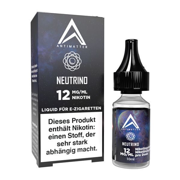 Liquid Neutrino mit 12mg Nikotin von Antimatter Flasche und Verpackung von Antimatter Liquid Neutrino 12mg Nikotin für E-Zigaretten, dunkles Design mit weißem Logo und Warnhinweis über Nikotin.