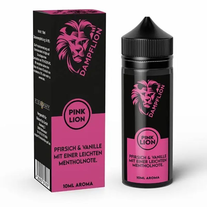 Aroma Pink Lion von Dampflion Original Dampflion Original Aroma - Pink Lion Flasche und Verpackung, Pfirsich und Vanille mit Mentholnote, schwarzes Design mit pinkfarbenem Löwenmotiv