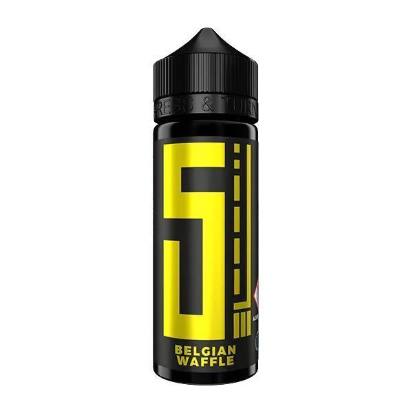 Aroma Belgian Waffle von 5 Elements Schwarze Flasche mit gelbem Logo und Aufschrift "5 Elements Aroma - Belgian Waffle" auf weißem Hintergrund