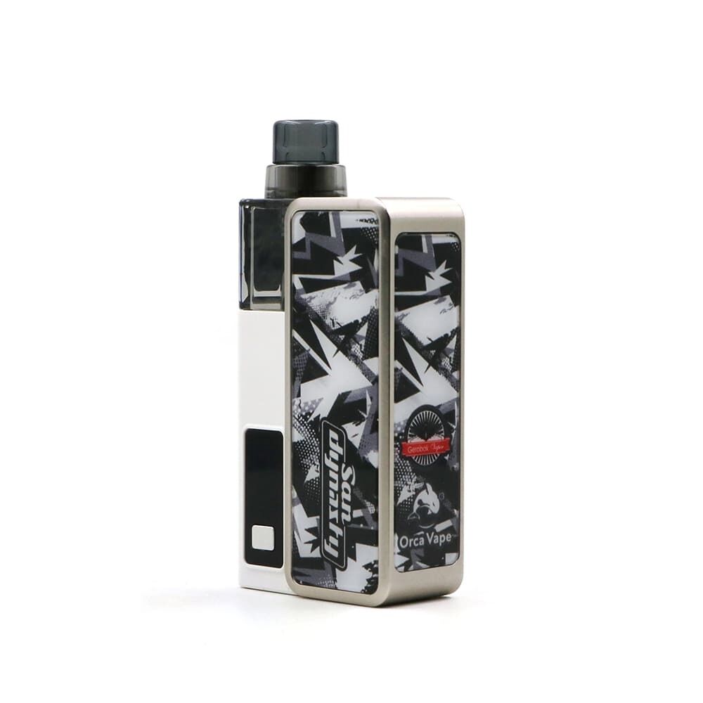 Orca Vape San Dynasty Pod Kit Orca Vape San Dynasty Pod Kit in Polar White mit schwarzem und weißem geometrischem Muster, Logo und rotem Zeichen auf der Vorderseite.