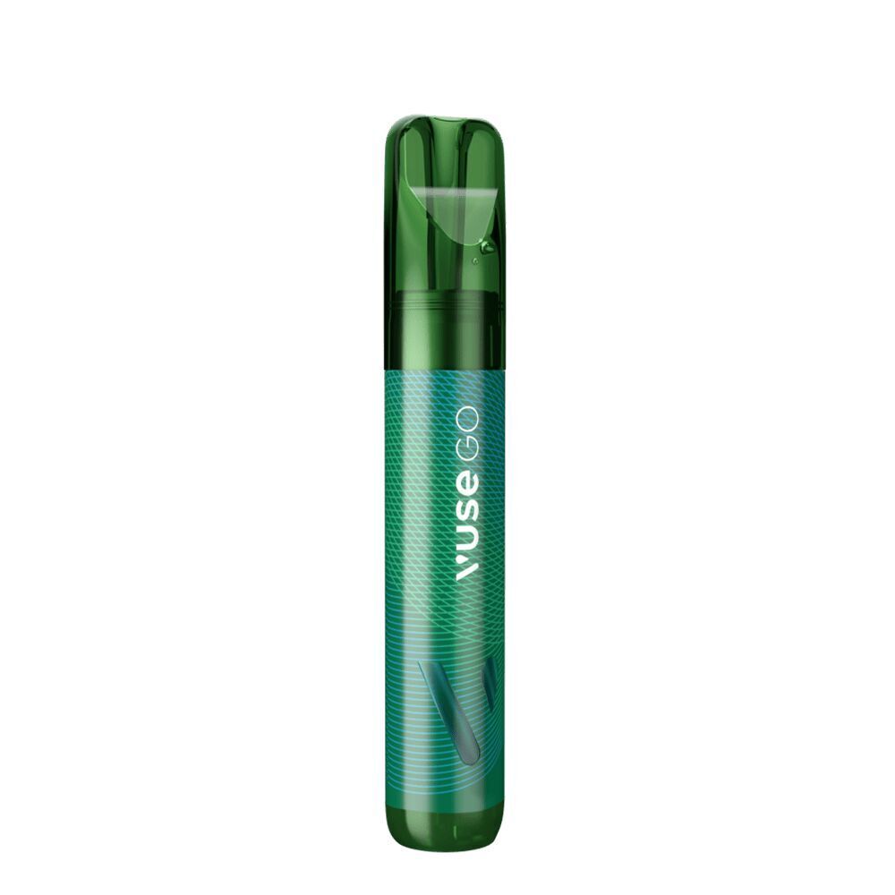 Cucumber Mix 20mg - Vuse GO 1000 Einweg Grünes Vuse GO 1000 E-Zigaretten-Gerät mit Netzdesign und Aufschrift, transparente Kappe, Geschmacksrichtung Cucumber Mix 20mg.