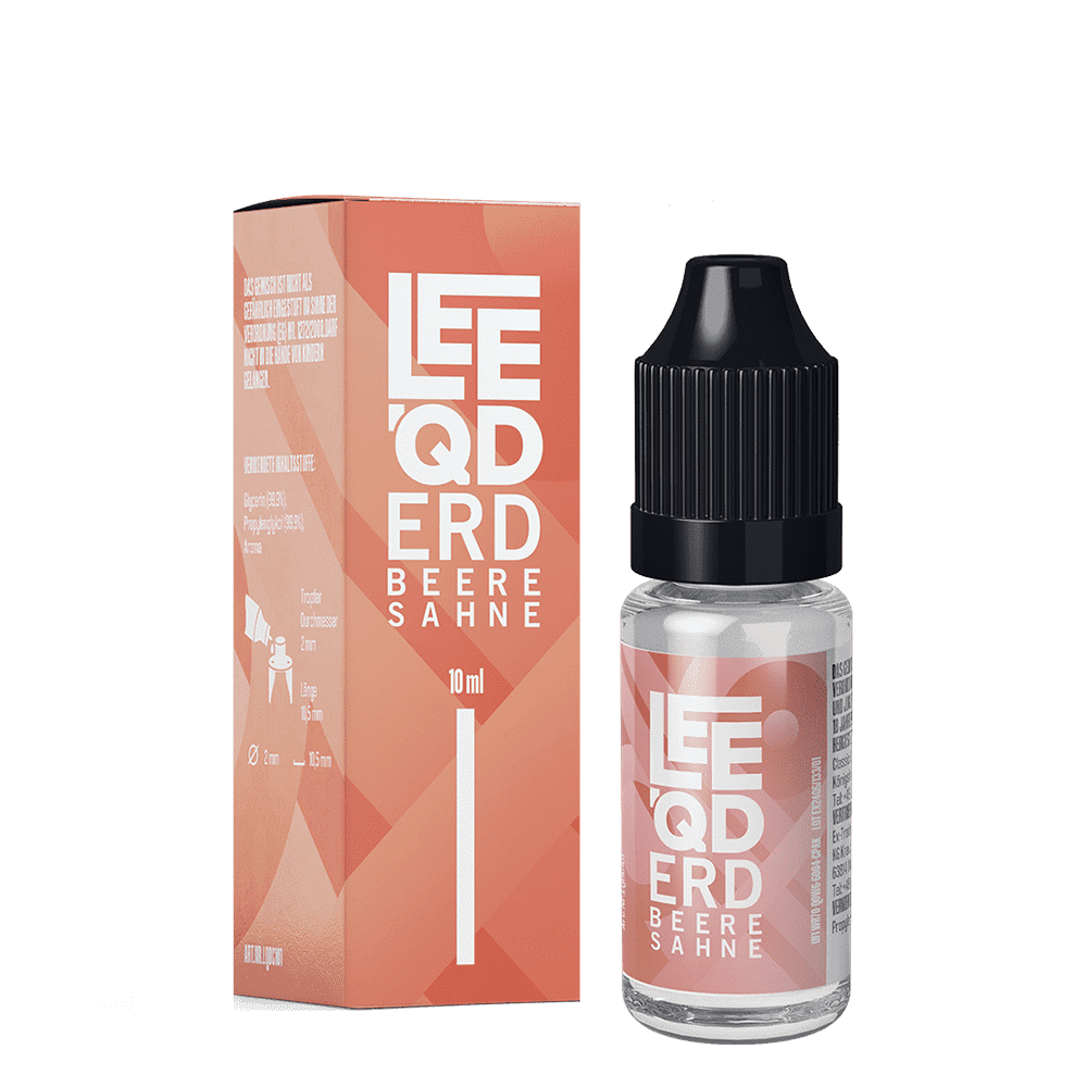 Liquid Crazy Erdbeere Sahne 0mg - Leeqd E-Liquid-Flasche und -Verpackung von Leeqd Liquid, Crazy Erdbeere Sahne, mit schwarzem Verschluss und orange-rotem Design, 10 ml.